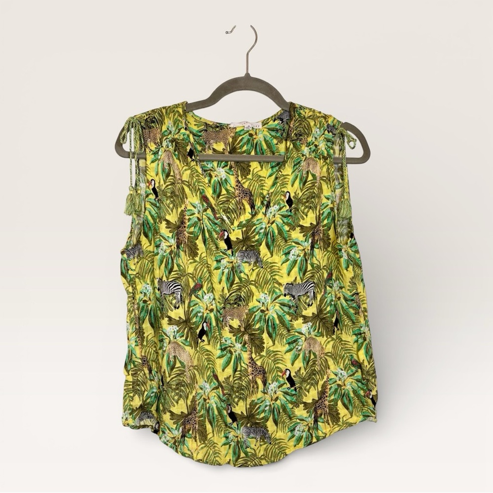 Jane + Delancey Green Yellow Safari Print Tassel Tank Boho Resort Vacation XL